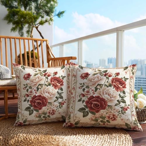 Firmiso Vintage Rose Throw Pillow Covers 18x18 Set of 2 | Classic Floral Decorative Cushion Covers for Couch Sofa Bed | Retro Cottage Home Decor Pillow Cases | Cream Red Green Accent - color: Vintage Rose