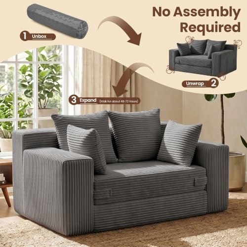 Boneless Mini Couch 53 Inch, 3-in-1 Gray Boneless Couches Covertible Sofa Bed with 4 Pillows, Small Couches for Living Room, Bedroom, Small Space - color: Grey, size: 53 Inch