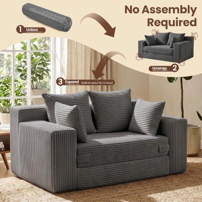 Boneless Mini Couch 53 Inch, 3-in-1 Gray Boneless Couches Covertible Sofa Bed with 4 Pillows, Small Couches for Living Room, Bedroom, Small Space - color: Grey, size: 53 Inch