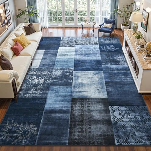 Washable Area Rugs 4x6 for Living Room, Modern Geometric Navy Blue Soft Patchwork Carpet, Non-Slip Stain Resistant Throw Rug for Bedroom Dining Room Office Home Decor - color: Navy Blue, size: 4 Ft X 6 Ft
