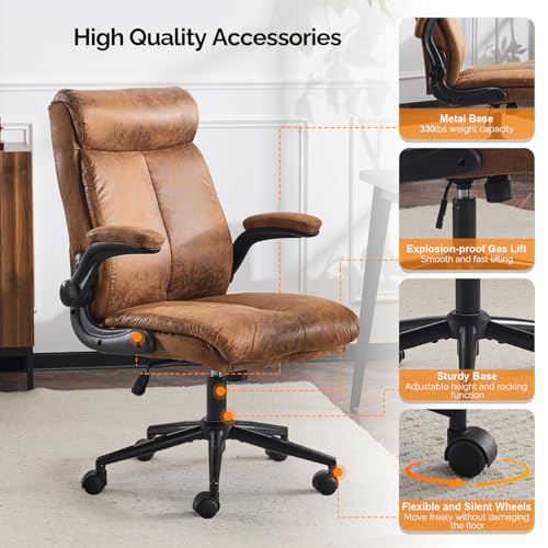 VINGLI Microfiber Brown Rolling Ergonomic Office Desk Chair with Padded Flip-up Arms, 360°Swivel High Back Executive Computer Chair with Wheels for Game，Home Small Space, Study Room, Reading Room - color: Microfiber-brown