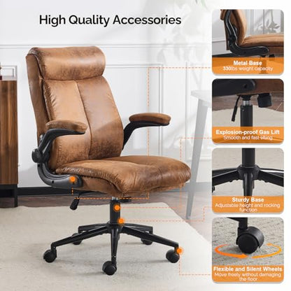 VINGLI Microfiber Brown Rolling Ergonomic Office Desk Chair with Padded Flip-up Arms, 360°Swivel High Back Executive Computer Chair with Wheels for Game，Home Small Space, Study Room, Reading Room - color: Microfiber-brown