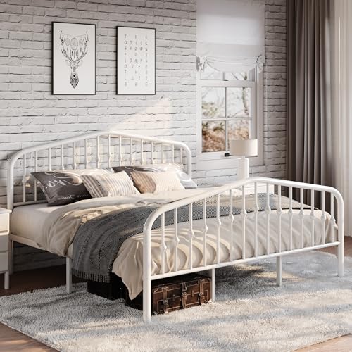 SHA CERLIN King Size Metal Bed Frame with Wrought Iron-Art Headboard, White | Victorian Style Metal Platform Bed Frame, Wrought Iron-Art Headboard and Footboard, Under-Bed Storage, No Box Spring Needed - color: White, size: King