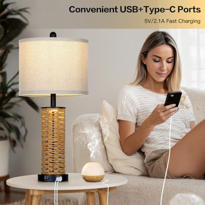 CINSARY 27" Boho Rattan Table Lamps Set of 2, Coastal Bedside Lamp with Night Light, Woven Wicker Bedroom Nightstand Lamps with USB A+C Charging Port, Tall Farmhouse Lamp for Living Room End Table - color: Rattan and Black