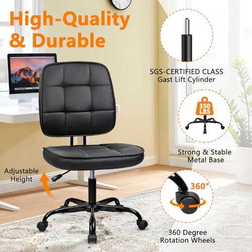 CLATINA Armless Home Office Chair with Lumbar Support and Wheels, Small PU Leather Ergonomic Low Back Desk Chairs No Arms, Adjustable Height 360° Swivel Rolling Computer Task Chair, Black, 2 Pack - color: Black-heibao, size: 2 Pack