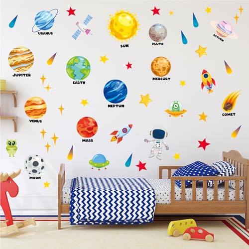 Outer Space Wall Decals 4 Sheets 58 Pcs Planets, Rocket & Astronaut Wall Stickers Removable Nursery Decor for Kids Bedroom, Playroom, Classroom Peel & Stick Space Theme Decals for Boys Girls - color: Outer Space