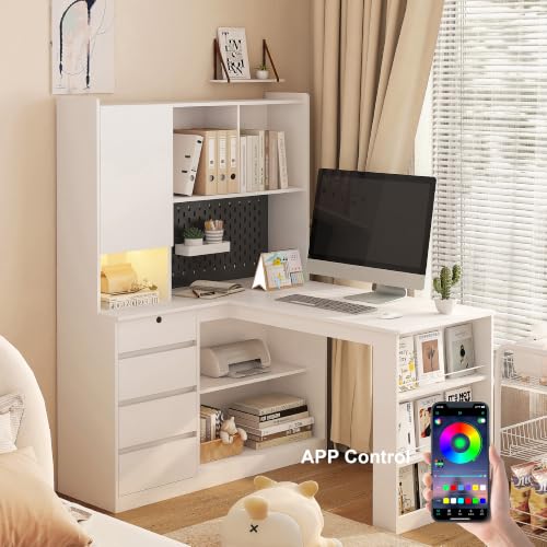 KEIKI L Shaped Home Office Desks with LED Light, Pegboard, Hutch, Drawers, Bookshelf & Storage Shelves, Modern Wooden Gaming Computer Corner Table for Work, Study, Writing