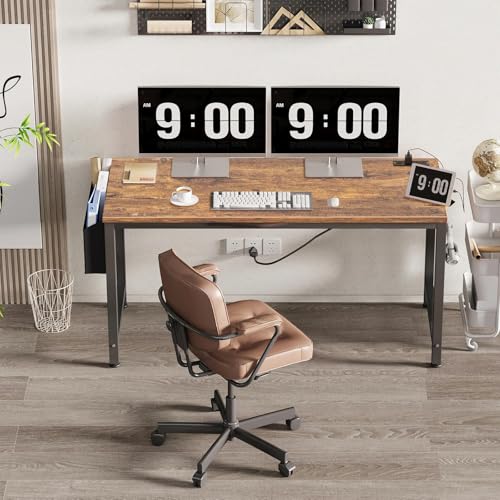Lufeiya Gaming Desk with Power Outlet, 55 inch Teen Study Table Home Office Work Writing Computer Desks with Charging Station Outlets Built in, Brown - color: Rustic Brown, size: 55.1"