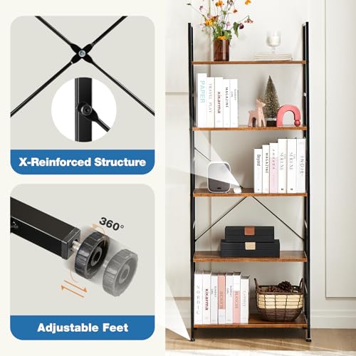 DUMOS 5 Tiers Bookshelf, Classical Modern Book Shelf, Tall Display Shelves in Living Room/Home/Office, Storage Organizer for CDs/Books/Movies, Rustic Brown | Tall Display Shelves in Living Room/Home/Office, Storage Organizer for CDs/Books/Movies, Rustic B