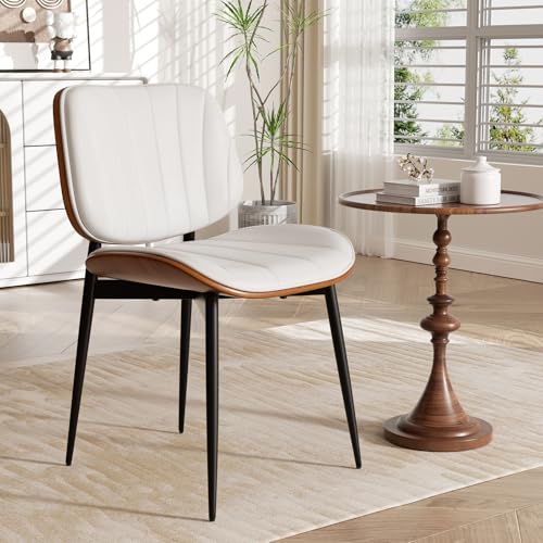 Dining Chair, Mid Century Modern Dining Room Chairs, Upholstered Faux Leather Kitchen Chairs with Walnut Bentwood Back and Metal Legs for Kitchen Dining Room Living Room, White - color: White, size: Set of 1