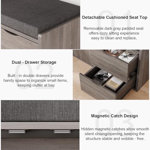 LVB 2-Tier Storage Bench with Padded Cushion, Entryway Bench with 2 Drawers | 2 Barn Doors & Adjustable Shelf, Industrial Style for Foyer, Bedroom, Living Room, Greige, 40 Inch - color: Greige