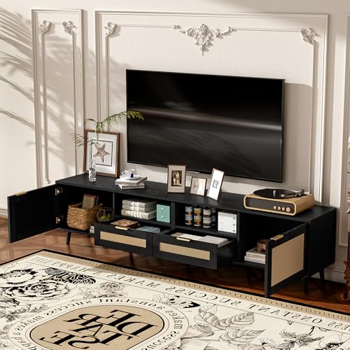 Modern Black Rattan TV Stand for 85 inch TV, 79 inch Farmhouse Media Console with Solid Wood Legs and Cable Management, Large Entertainment Center with Storage Cabinets for Living Room - color: Black