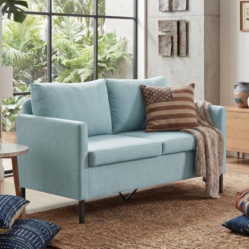 TYBOATLE 51" W Linen Fabric Upholstered Modern Loveseat Sofa Couch for Living Room, Love Seats 2-Seater Furniture w/Iron Legs for Compact Space, Apartment, Bedroom, Dorm, Office, Aqua Blue | Love Seat, Small Sofa, Linen Upholstery, Iron Legs, Living Room,