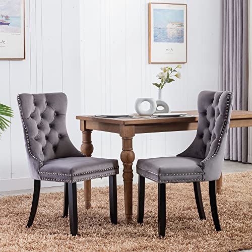 Virabit Tufted Velvet Upholstered Chairs Set of 4, Nailhead Back and Ring Pull Trim, Solid Wood Chairs for Kitchen/Bedroom/Dining Room (Grey) - color: Grey, size: set of 4