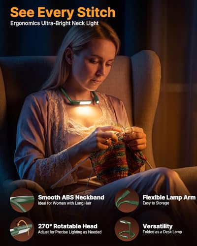Bendable Neck Light with Storage Case, Dimmable Reading Light | Eye Care, Foldable, Ergonomic, Comfortable, 80H Rechargeable Book Lamp, Knitting Crafting Crocheting Sewing Supplies - color: Green + Storage Case