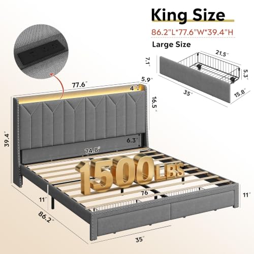 WLIVE King Size Upholstered Bed Frame with 2 Drawers, Storage Headboard Platform Bed with Charging Station and LED Light, Sturdy Metal & Wooden Slats Support, No Box Spring Needed, Light Grey - color: Grey