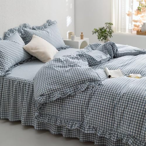MKXI Blue and White Gingham Duvet Cover Twin Size, 3-Piece Bedding Set with Ruffles - 100% Soft Washed Cotton, Crisp Breathable - Nautical Coastal Classic Style Comforter Cover - color: 002 Ruffle- Blue Gingham, size: Twin