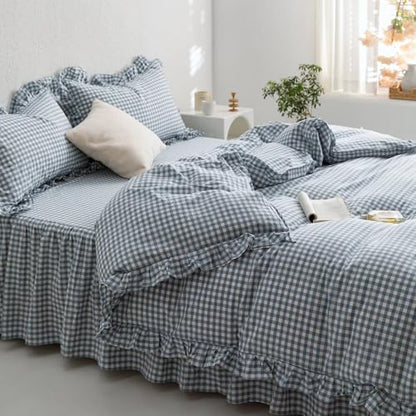 MKXI Blue and White Gingham Duvet Cover Twin Size, 3-Piece Bedding Set with Ruffles - 100% Soft Washed Cotton, Crisp Breathable - Nautical Coastal Classic Style Comforter Cover - color: 002 Ruffle- Blue Gingham, size: Twin