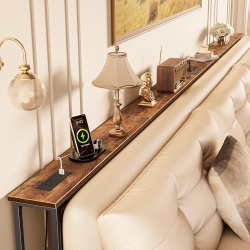 Huuger 126 Inch Sofa Table with Power Outlets, Skinny Behind Couch Table | 5.9 Inch Narrow Entryway Table, Extra-Long Console Table, Behind the Couch Table with Outlet for Living Room, Rustic Brown - color: Rustic Brown, size: 5.9"D × 126"W × 29.7"H