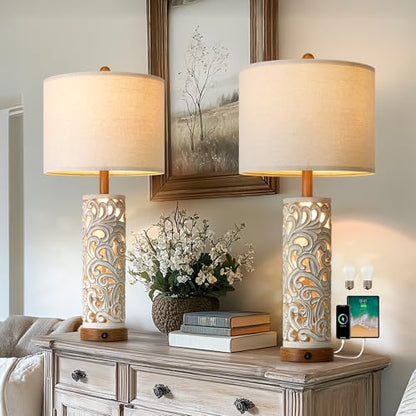 2-in-1 Light Table Lamp Set of 2 for Living Room, 28.5" Farmhouse Bedside Lamps with USB Charging Port, Main&Night Light & Dual Switches, Nightstand Lamp for Bedroom Home Office(Bulb Included) - color: Washed White and Brown