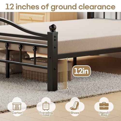 Metal Queen Bed Frame with Headboard | 1500LBS Heavy Duty, With Footboard, No Box Spring Needed, Noise Free, 12'' Under-Bed Storage, Tool-Free Assembly - size: Queen