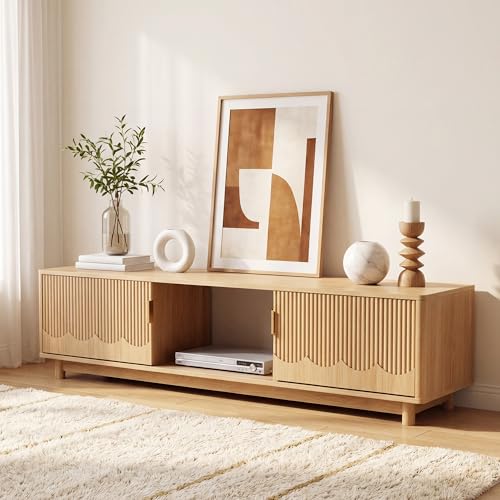 FurSch 62.2" Mid Century Modern Fluted TV Stand, Natural | Low Profile, 3D Slatted & Waved Design Panel, For Living Room Bedroom - color: Natural
