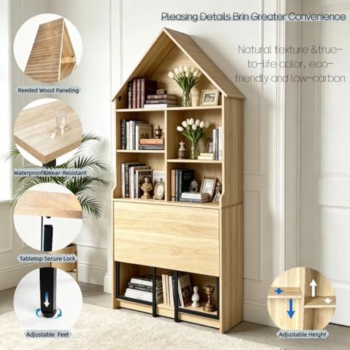 FNK Folding A-Frame Bookshelf Narrow Bookcase with Hideaway Craft Desk | Convertible Hideaway Desk to Bookshelf for Small Spaces, Multifunctional Craft Table & Vanity - color: Natural