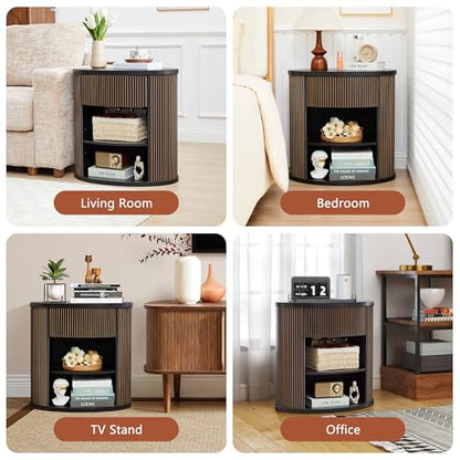 Fluted End Table with Drawer, Black Side Table with Storage, Mid Century Modern Nightstand for Bedroom Bedside, Living Room Couch Sofa, Office, Desk Side Table for Small Spaces - color: Oval-black