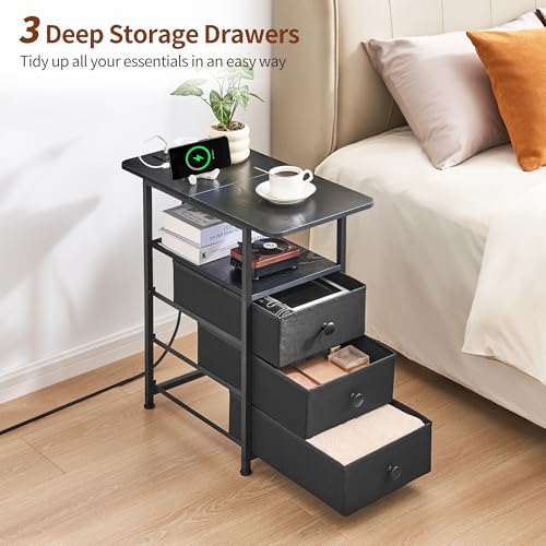 Narrow End Table with Charging Station, Narrow Side Table with 3 Fabric Drawers, Slim Nightstand with LED Light, Small Bedside Table with Storage, Living Room, Bedroom, Black HKET1303BK - color: Black, size: 11.8" W x 23.6" D, style: Power + Light