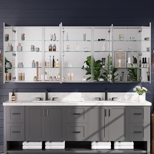 84"x36" Medicine Cabinet with Mirror & Soft Close Hinges, Surface Mount or Recessed Medicine Cabinet with Adjustable Shelves, Bathroom Wall Medicine Cabinet with Storage, Aluminum Alloy Frame, Combo - size: 84" x 36"