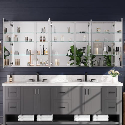 84"x36" Medicine Cabinet with Mirror & Soft Close Hinges, Surface Mount or Recessed Medicine Cabinet with Adjustable Shelves, Bathroom Wall Medicine Cabinet with Storage, Aluminum Alloy Frame, Combo - size: 84" x 36"