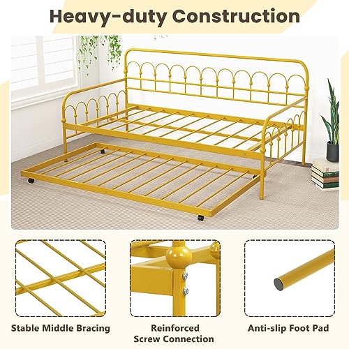 Giantex Twin Daybed with Trundle Gold, Metal Day Bed with Convenient Pull-Out Trundle Bed, Metal Slats, Lockable Universal Wheels, 2-in-1 Daybed Bed Frame for Guest Room, Living Room, Bedroom