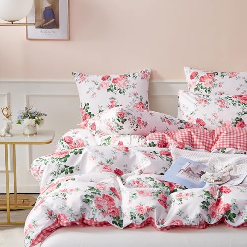 LifeTB Rose Flower Duvet Cover Full Size Pink Floral Plaid Grid Duvet Cover 100% Microfiber Flower Botanical Comforter Cover Vintage Style Cottagecore Bedding Set Girls Floral Comforter Cover Full - color: A2# Rose Flower, size: Full (80"x90")