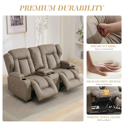 Loveseat Recliner Sofa,RV Wall Hugger Recliners with Console,Reclining Loveseat Sofa Recliner with Cup Holders/Lumbar Pillows for Small Spaces,RV Furniture (Khaki,66" 2-Seater) - color: Khaki, size: 66" 2-Seater