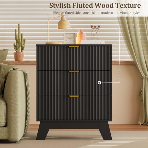 Fluted Nightstand with 3 Large Drawers, Wooden Side End Table with Elevated Legs for Easy Cleaning, Sturdy Modern Beside Table for Small Space, Bedroom, Black, 24" L - color: Black