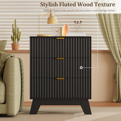 Fluted Nightstand with 3 Large Drawers, Wooden Side End Table with Elevated Legs for Easy Cleaning, Sturdy Modern Beside Table for Small Space, Bedroom, Black, 24" L - color: Black