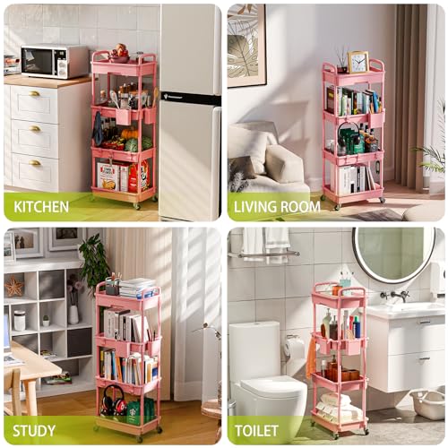 Sorgion 4 Tier Rolling Cart Organizer,Art Craft Diaper Bedside Snack Laundry Room Bathroom Organizer Narrow Thin Slim Rolling Trolley Utility Cart with Wheels for Kitchen,Office(Pink) - size: 4Tier-Pink
