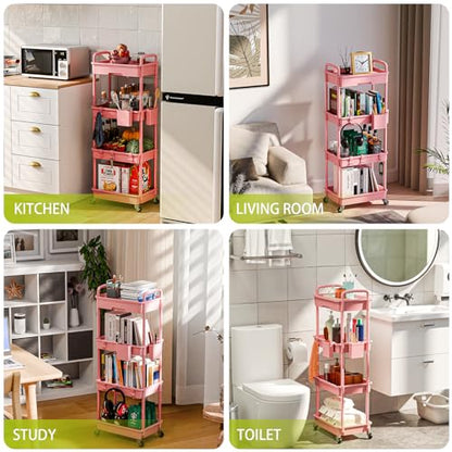 Sorgion 4 Tier Rolling Cart Organizer,Art Craft Diaper Bedside Snack Laundry Room Bathroom Organizer Narrow Thin Slim Rolling Trolley Utility Cart with Wheels for Kitchen,Office(Pink) - size: 4Tier-Pink