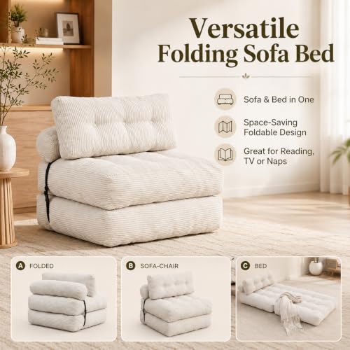 Beige Convertible Sofa Bed Folding Sofa Bed Sleeper Chair Couch Beds, Comfy Floor Beds with Pillow and Back Support, Small Couch for Bedroom, Living Room Bedroom - color: White