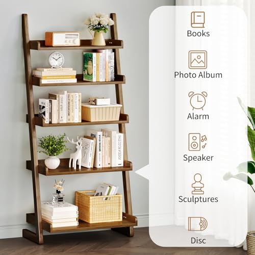 Uniclinens Walnut Wooden Ladder Shelf, 5-Tier Ladder Shelf Bookcase, Ladder Bookshelf for Compact Spaces, Solid Wood Bookshelf for Living Room, Bedroom, Home Office,(23.6''Dx15.7''Wx55.1''H) - color: Walnut
