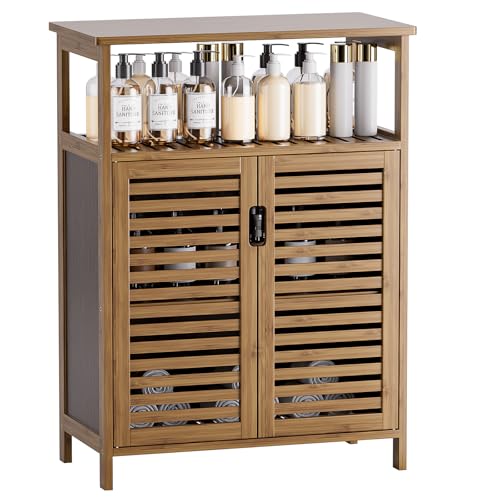 HITNET Bathroom Storage Cabinet, Bamboo Floor Cabinet with Double Doors and Open Shelf, Freestanding Cupboard for Living Room, Kitchen, Entryway, Walnut - color: Walnut