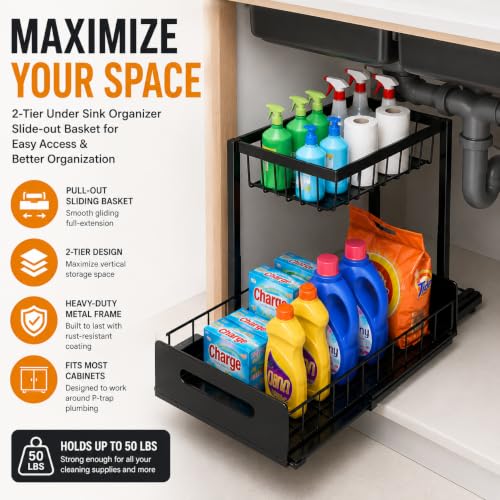 Highline Supply Under Sink Organizer, Kitchen Pantry Bathroom Organization | 2-Pack Organizer, Sliding Pull-Out Cabinet Organizing Rack, Metal Made for Durability, Black