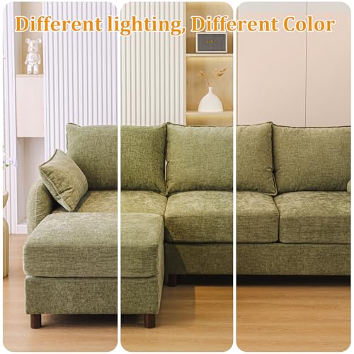 86'' Sectional Couches,with Movable Chaise Lounge,Chenille,Green | L Shaped Couch,Comfy 3 Seats Sofa with Thick Cushion,Wood Legs,2 Throw Pillows,Sectional for Living Room,Bedroom,Apartment - size: 86'' L Shaped Sofa