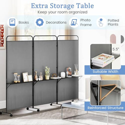 GOFLAME 3 Panel Room Divider with Storage Shelves, 6FT Folding Privacy Screen with Lockable Wheels, Portable Rolling Wall Divider, Freestanding Partition Screen for Room Separation, Grey - color: Grey