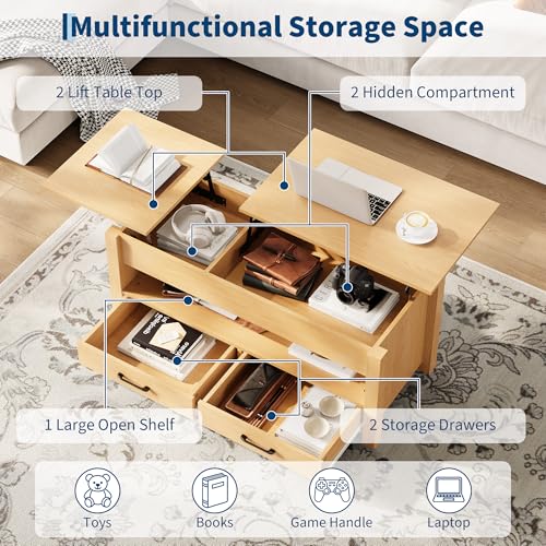 Multifunctional Lift Top Coffee Table, Convertible Wooden Coffee Table with 2 Drawers & Hidden Compartment, Storage Center Table for Living Room Home Office,Natural - color: Natural Wood