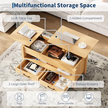 Multifunctional Lift Top Coffee Table, Convertible Wooden Coffee Table with 2 Drawers & Hidden Compartment, Storage Center Table for Living Room Home Office,Natural - color: Natural Wood