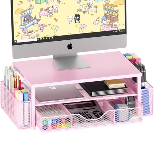 Desk Organizer and Accessories, 2-Tier Computer Monitor Stand Riser with Drawer and 2 Pen Holders, Laptop Stand, Office Desk Accessories for Office Supplies, 1 Pack, Pink - color: Pink 1-Pack, size: 2-Tier