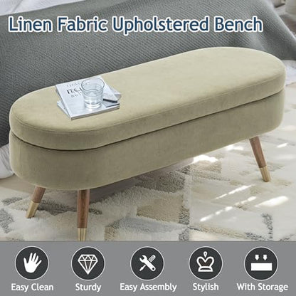 IAFIKE Oval Storage Bench 43.5" Ottoman Bench Upholstered Boucle Fabric Footrest Bench with Golden Metal Legs End of Bed for Bedroom, Living Room, Entryway,Bed Side (Green) - color: Green