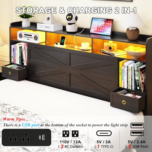 King Bed Frame with Storage Headboard, Farmhouse Platform Bed Frame with Bookshelf, Drawers, LED Lights and Charging Station, Metal Slats Support, Noise Free, No Box Spring Needed, Black - size: King
