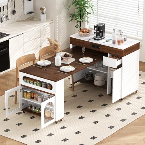 Extendable Dining Table with Extra-Long Folding Top, Rolling Kitchen Island with Storage Cabinet, Drawers & Brake Lock, Sturdy Mobile Cart for Kitchen, Dining Room & Open Spaces (Cream White+Walnut2) - color: Cream White+walnut2